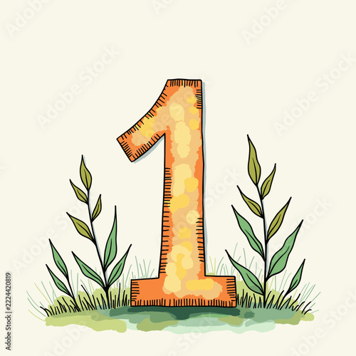 Orange number one with green plant leaves on light background