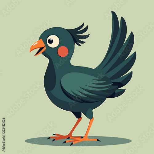 Dark green crested bird with orange beak on light background