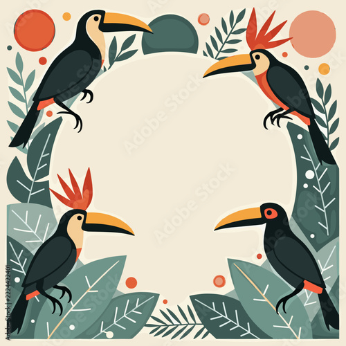 Toucan frame with tropical leaves and circular copy space