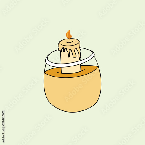 Cute graphic illustration of a burning wax candle placed inside a glass cup. Ideal decorative design element for relaxation, spa, interior, and app UI design.