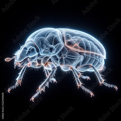 X-ray style rendering of a beetle, showcasing its internal structure with glowing blue and orange outlines against a dark background.