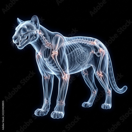 3D rendering of a big cat's skeletal structure with highlighted joints, showcasing feline anatomy and bone health on a dark background.