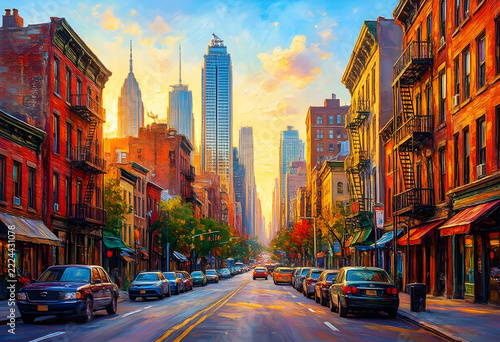 Urban development and city life, sunset over a busy metropolitan street with historic brick buildings and modern skyscrapers in a bustling downtown