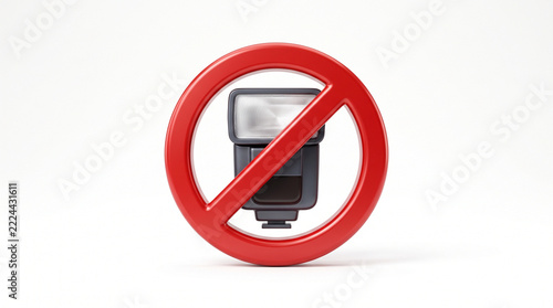 No Flash Photography Prohibited Sign Icon With Camera Speedlight 3D Render