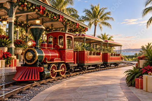Christmas train at a tropical theme park station
