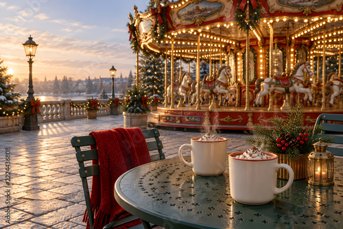 Two hot cocoa mugs beside a Christmas carousel