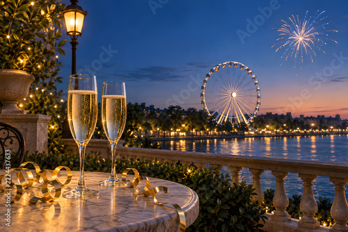 Two sparkling wine flutes by Ferris wheel fireworks