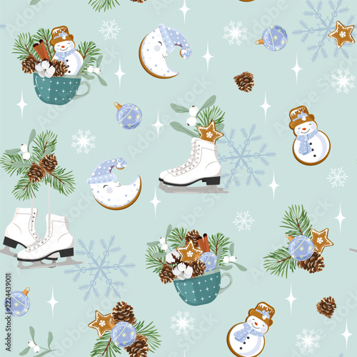 Cozy Christmas seamless pattern with white ice skates, gingerbread snowmen, moon, pine branches, cones on a light blue background. Cute winter holiday vector illustration for wrapping paper, fabric, 