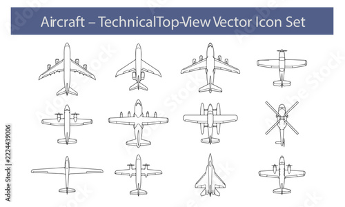 Aircraft technical top view vector icon set presents airplanes and helicopters from above.