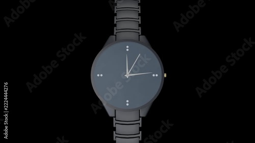 Grey analog wristwatch with ticking second hand on black background