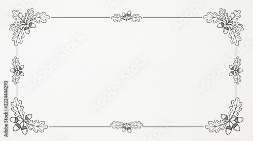 Minimalist oak leaf and acorn line art border frame on white textured background for seasonal greeting cards