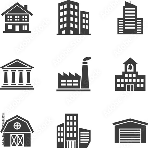 Set of monochrome building and architecture icons featuring various real estate and property structures