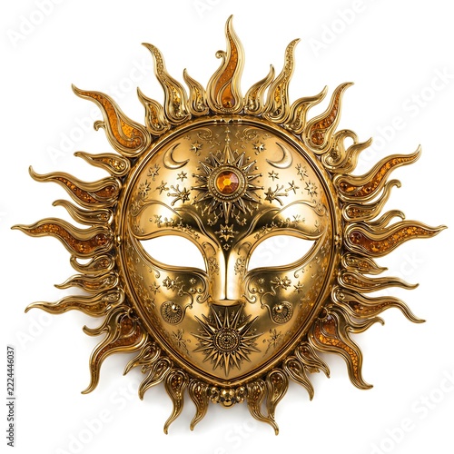 Ornate golden sun and celestial masquerade mask with glowing crystal and sunburst rays isolated on white background