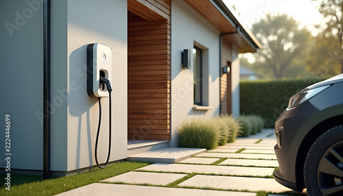 A wall-mounted electric vehicle charger beside a contemporary home and an unbranded electric car