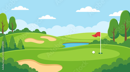 Flat Vector Golf Course Landscape with Green and Sand Bunkers