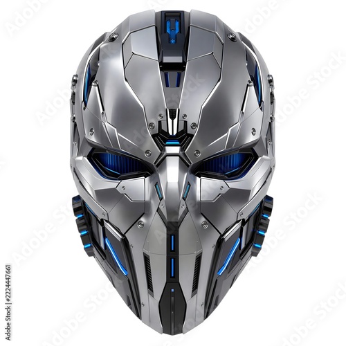 Futuristic sci-fi silver metallic mechanical robot cyberpunk mask with glowing blue lights isolated on white background