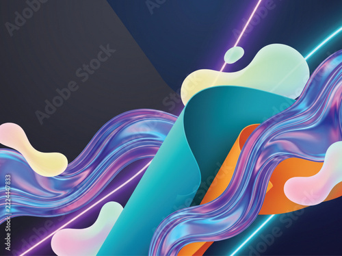 Futuristic abstract background with flowing liquid shapes, neon glowing lines on dark backdrop, vibrant 3D fluid wave composition for digital posters