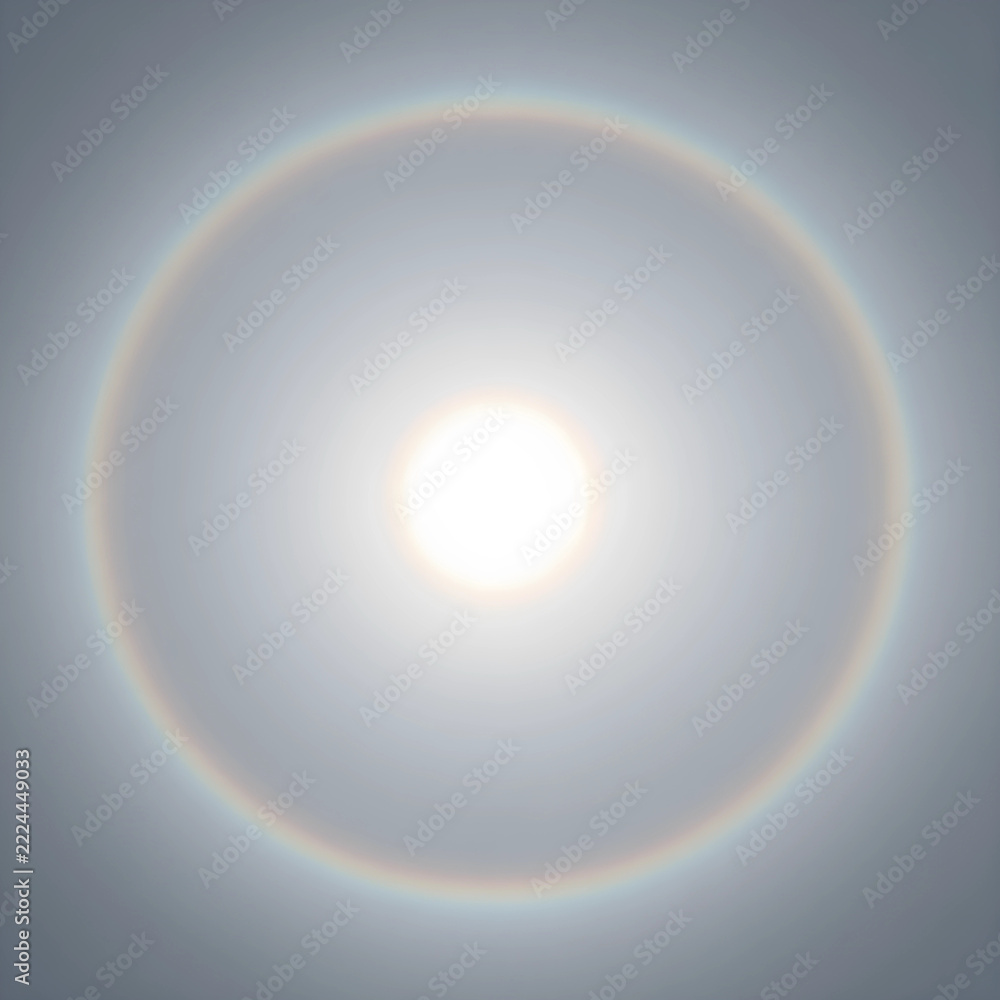 Naklejka premium Sun halo atmospheric phenomenon, circular rainbow around the sun in the sky, meteorological event, optical illusion, light refraction in clouds