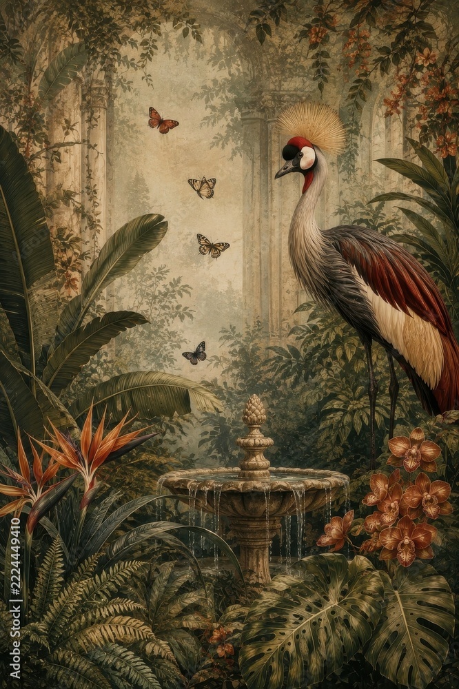 Naklejka premium Elegant crane amid lush tropical garden, butterflies, fountain
