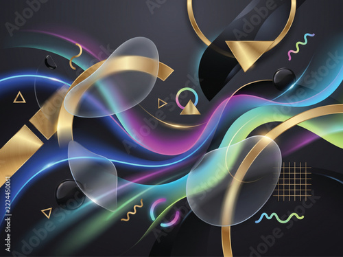 Futuristic neon abstract background, luxury gold geometric shapes and glowing waves, 3D glass elements on dark backdrop