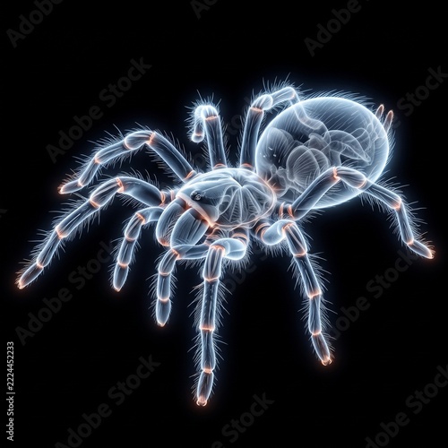 3D rendered illustration of a translucent spider with glowing internal structures, resembling an X-ray.