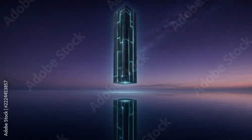 Glowing Geometric Monolith Above Ocean for Awe