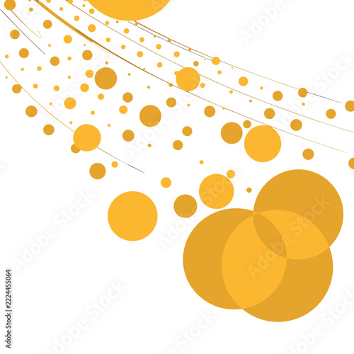 Abstract geometric circle pattern, golden yellow bubbles and dots on white, flowing line vector background for modern design