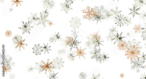 Abstract illustration of falling snowflakes in white and orange on a black background. Ideal for win