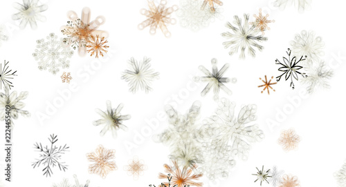 Digital illustration of abstract snowflakes in white and orange on a black background, perfect for w