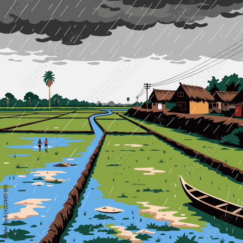 Flooded rice fields, tropical farm landscape with wooden house and boat, stormy countryside vector illustration