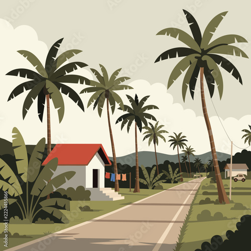 Tropical palm tree road, retro palm landscape with roadside house and layered greenery, scenic vector travel illustration