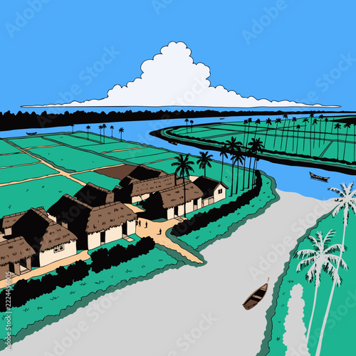 Tropical flat vector illustration, riverside village and green rice fields, rural landscape artwork for travel and agriculture projects