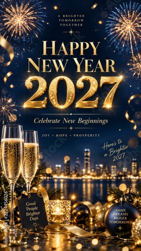 New Year 2027 Poster with golden numerals fireworks and champagne