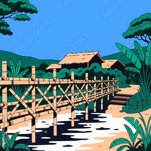 Tropical bamboo bridge vector illustration, thatched hut village in lush green jungle, rural nature scene with blue sky, walkway over water for tropical design