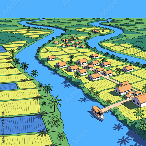 Isometric tropical village illustration, palm trees and river. Watercolor style rice fields landscape with village houses and boats. Flat design map.