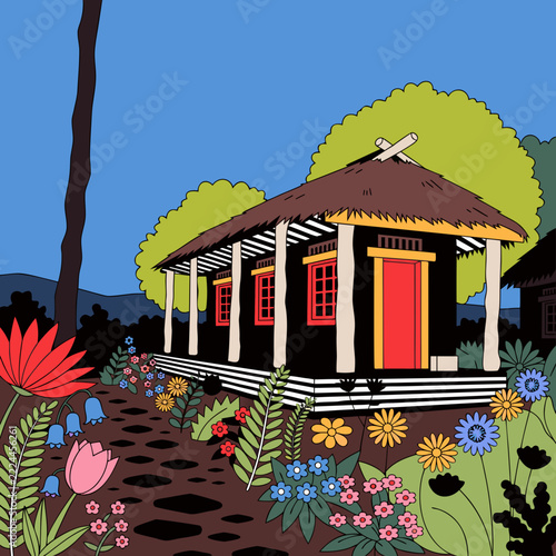 Colorful folk art cabin in a flower garden, rustic woodland house illustration, whimsical cottage vector for nature decor