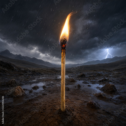 Single Lit Match in Stormy Landscape for Courage