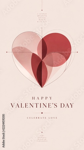 Valentines Day Poster with layered pink geometric heart in a Vertical Greetin...