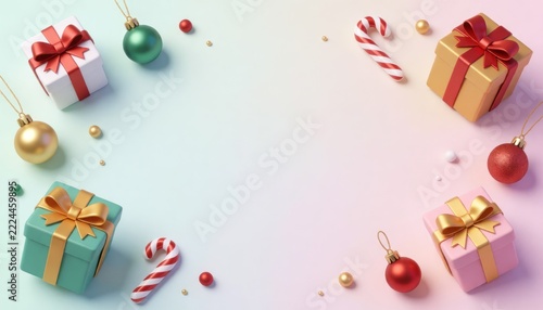 Festive Holiday Gifts with Ornaments and Candy Canes on Colorful Background