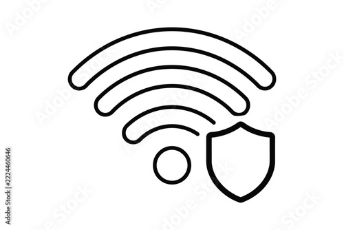 Secure wifi icon, wireless signal with shield, network security, line art