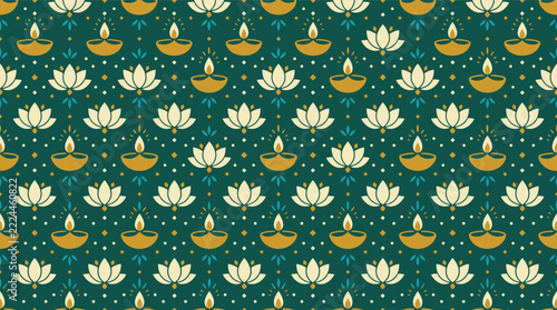 Seamless pattern design with traditional indian oil lamps and lotus flowers for diwali festival celebration