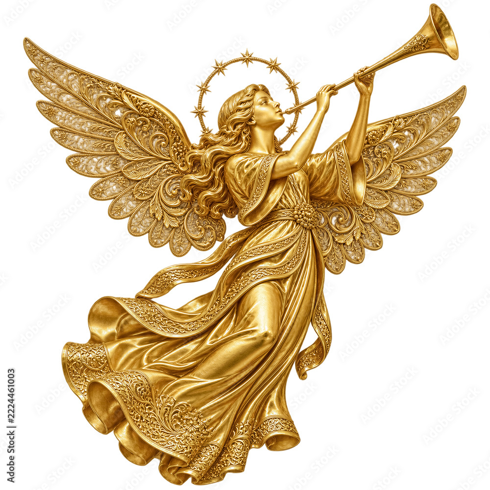 Fototapeta premium Golden angel figurine blowing trumpet, celestial being with large wings and halo, isolated on transparent background. Religious sculpture, holiday decoration, spiritual concept.