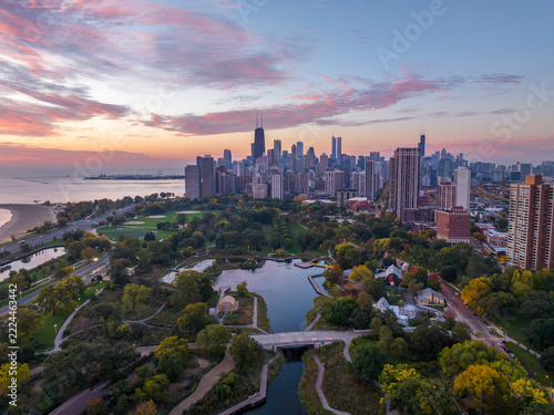 Chicago skyline over Lincoln Park at colorful autumn sunrise
