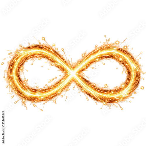 Glowing infinity symbol made of golden light and sparkles, isolated on transparent background. Magic effects, celebration, eternity concept.