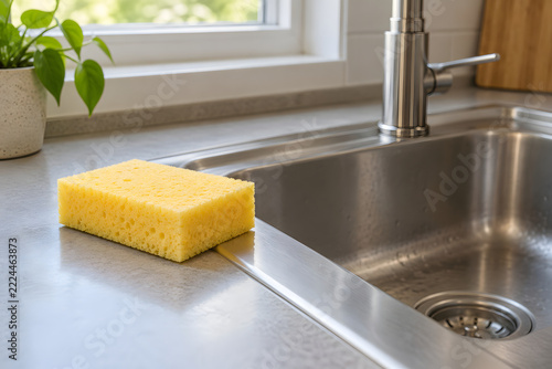 Yellow Cleaning Sponge Beside a Stainless Steel Kitchen Sink