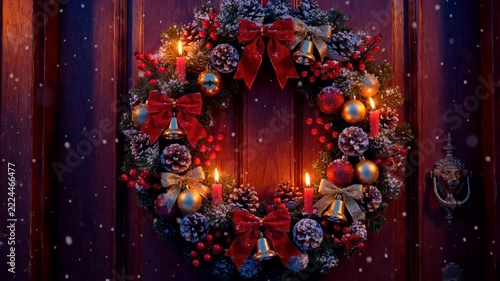 Decorated Christmas wreath with red berries and gold ornaments on wooden door, snow falling
