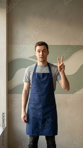 Man wearing denim apron making peace sign against abstract wave mural