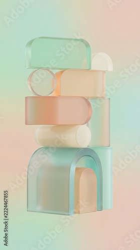 Abstract pastel geometric shapes stacked in soft gradient background