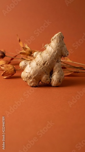Fresh Ginger Root on Warm Terracotta Background with Dried Plants