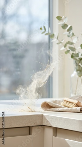 Dust and plant fibers swirling on a bright kitchen windowsill with cleaning cloth and brush